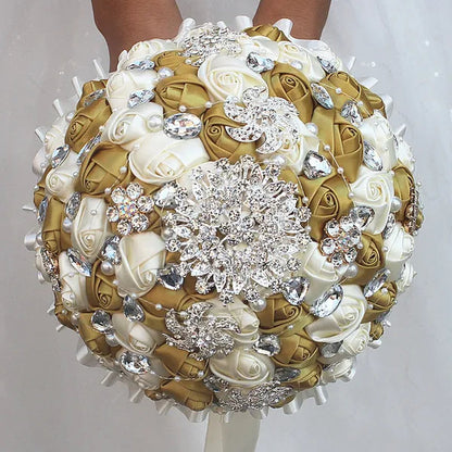 Bride Wedding Bouquet Ivory Gold Rose Flower Crystal Brooch Bouquet Flowers Diameter 18CM