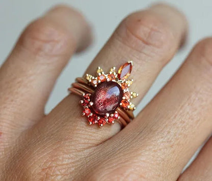 Bohemia Creative Rose Gold Stack with Diamond Gem Three-piece Ring for Women Ruby Crystal Ring Set Jewelry Gifts