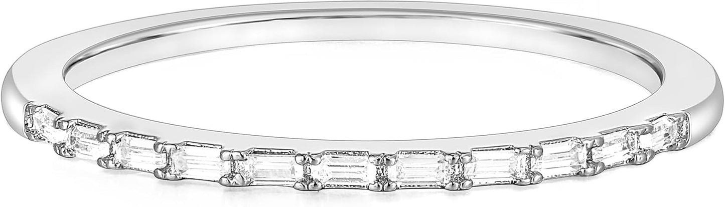 Half Eternity Ring for Women, Baguette Cubic Zirconia Anniversary Thin Stacking Ring, Minimalist CZ Statement Band, Size 3-11