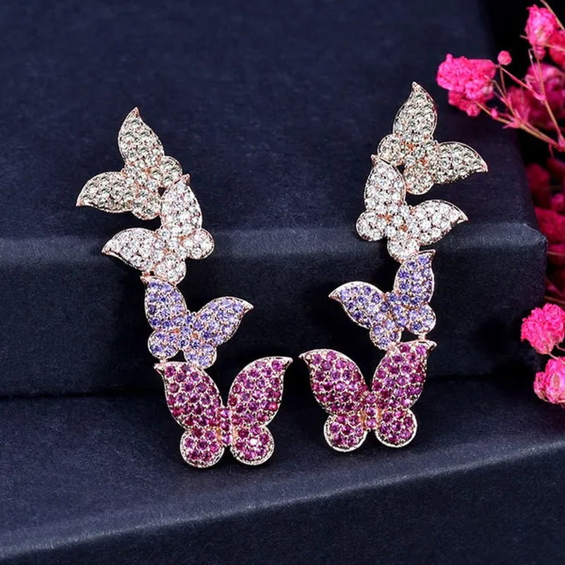 Gloriya Women'S Fashion Silver Plated Ear Jewelry Micro Pave Colorful CZ Delicate Butterfly Design Long Earrings for Dancing Party