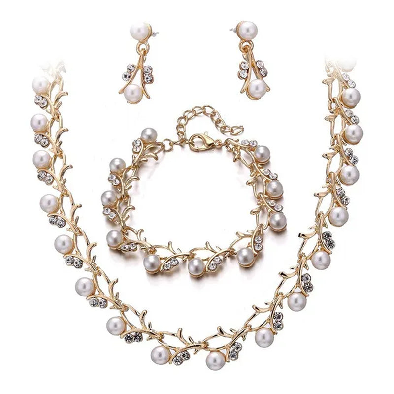 Elegant 3Pcs/Set Party Gift Wedding Bridal Jewelry Diamond Imitation Pearl Necklace Earring Sets