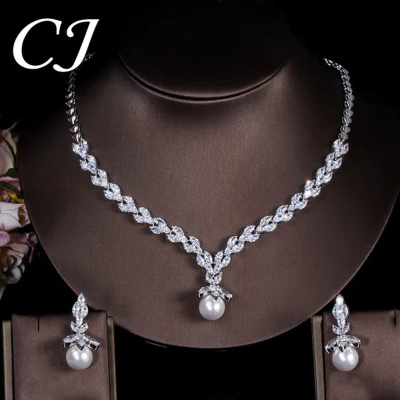 CANDICE Elegant Bridal Accessories AAA Cubic Zirconia with round White Pearl Pendant Necklace Earrings Wedding Jewelry Sets for Women
