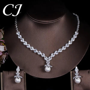 CANDICE Elegant Bridal Accessories AAA Cubic Zirconia with round White Pearl Pendant Necklace Earrings Wedding Jewelry Sets for Women