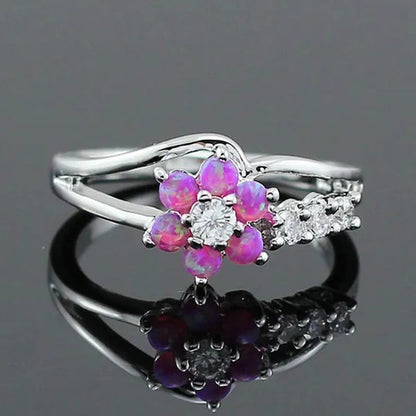 Delysia King Exquisite round cut white fire Australian gemstone flower ladies opal ring diamond jewelry birthday gift bridal engagement party ring size 6-10