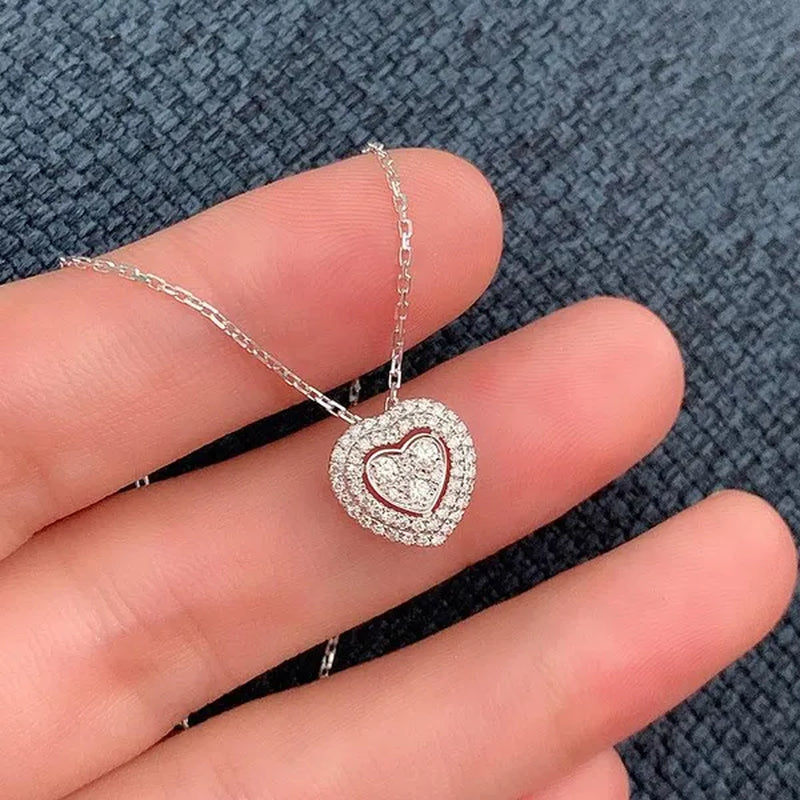 New Fashion Micro Pave 0.34ct Diamond Lover Heart Pendant Necklace for Women Romantic Wedding Party Necklace