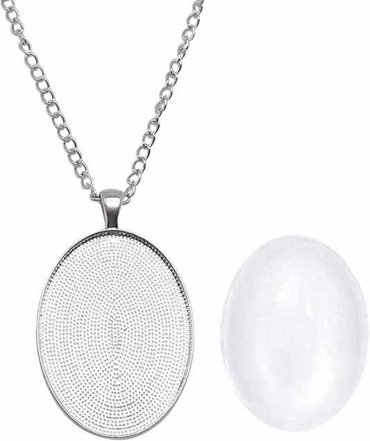 10 Sets Silver Color Oval Bezel Pendant Kit with Glass Cabochon Iron Chain for Necklace Jewelry Making 40X30Mm