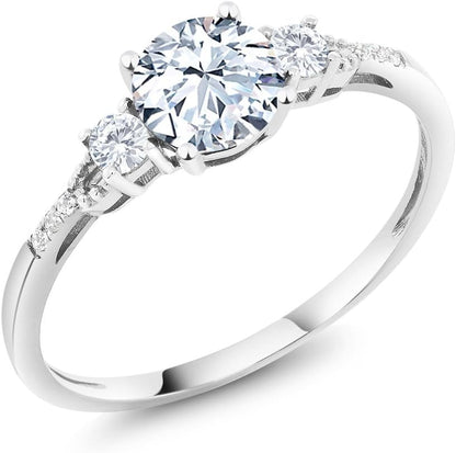 10K White Gold White Created Sapphire and White Diamond Accent 3-Stone Engagement Ring for Women (1.35 Cttw, round 6MM, Gemstone September Birthstone)