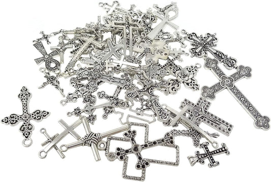 70PCS Metal Mixed Cross Charms Pendant Antique Silver Plated Jesus Christ Cross Jewelry Findings for DIY Necklace Earring Bracelet Keychain Craft Making (70 Styles)