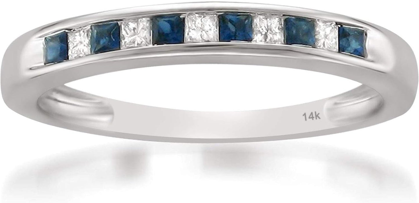 1/3 Carat Diamond, Channel-Set 14K White Gold Princess Cut Diamond and Blue Sapphire Wedding Band Ring (H-I, I1-I2) Natural Diamond Wedding Band for Women | Gift Box Included