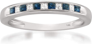 1/3 Carat Diamond, Channel-Set 14K White Gold Princess Cut Diamond and Blue Sapphire Wedding Band Ring (H-I, I1-I2) Natural Diamond Wedding Band for Women | Gift Box Included
