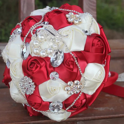18CM Bride Holding Flowers Shiny Diamond Brooch Pearl Wedding Bouquet Mixed Color Satin Rose Bridesmaid Bouquet Customizable
