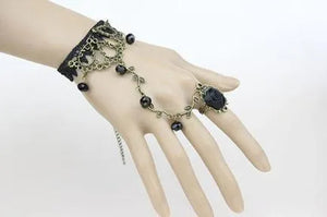 Victorian Style Black Lace Floral Rose Flower Link Chain Slave Bracelet Ring Set Goth