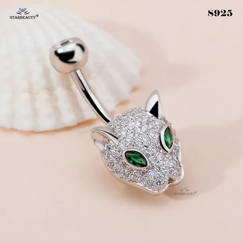 Starbeauty 1 Piece 1.6x6/8/10mm Luxury 925 Sterling Silver Navel Ring Accessories Green Eye Leopard Belly Piercing Ombligo Crystal Zircon Belly Button Rings Navel Pierc Jewelry