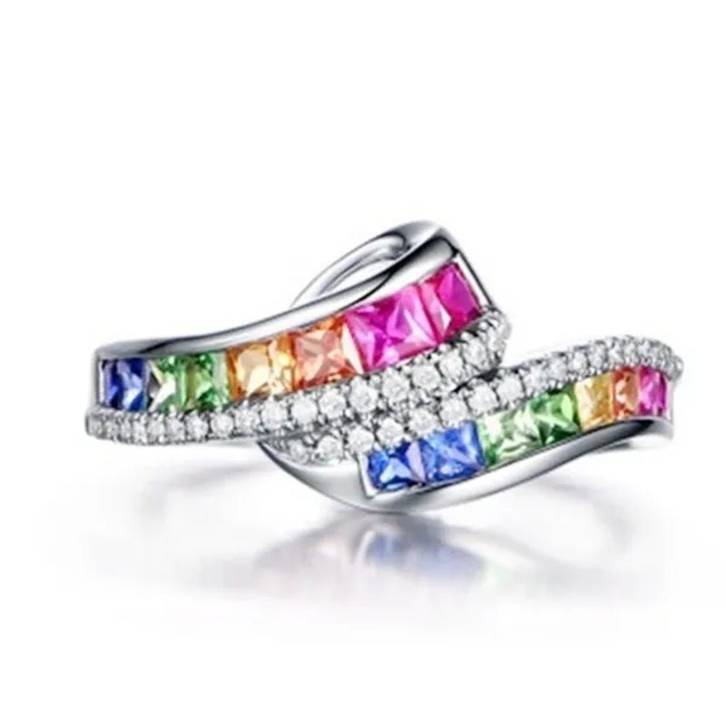 Classic Silver Color Ring Rainbow Square Zircon Diamond Rings for Women Beauty Engagement & Wedding Temperament Jewelry Rings Size 6/7/8/9/10 Bague Femme - WORLD TIME VISITS