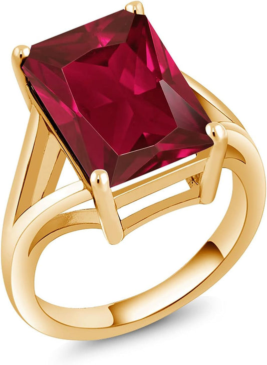 18K Yellow Gold Plated Silver Emerald Cut Created Ruby Solitaire Ring for Women (8.00 Cttw Available in Size 5, 6, 7, 8, 9)