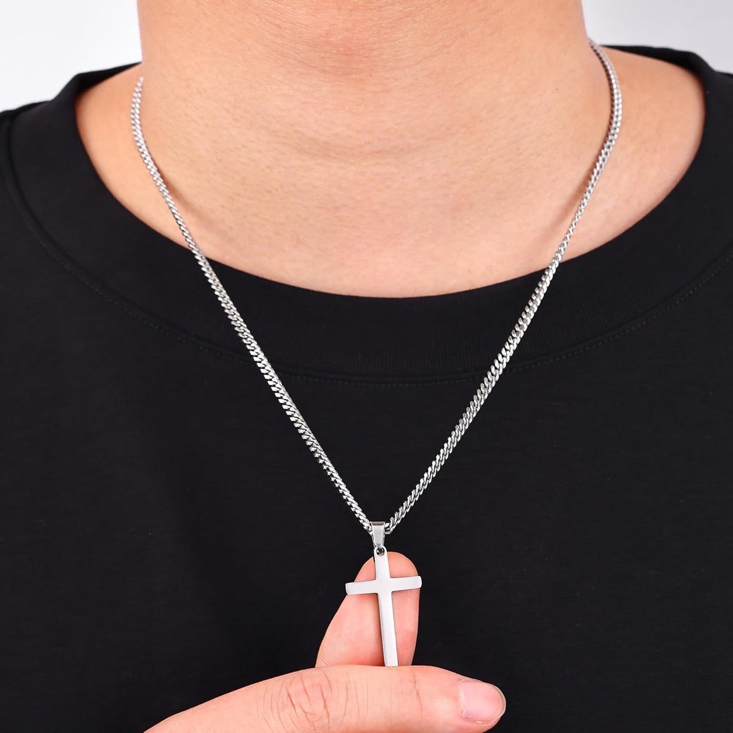 Cross Necklace for Men, Silver Tone/Black/14K Gold Plated Mens Cross Necklaces with 3.5Mm Chain and Stainless Pendant, Cuban Chain 16-24 Inches