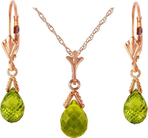 14K Solid Gold Jewelry Set: Natural Briolette 7 Carat Total Peridot Pendant Necklace and Dangle Earrings