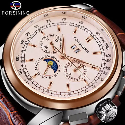 Forsining Moon Phase Shanghai Movement Rose Gold Case Brown Bracelet En Cuir Véritable Montres Pour Hommes Top Brand Luxury Auotmatic Watch with Gift Box