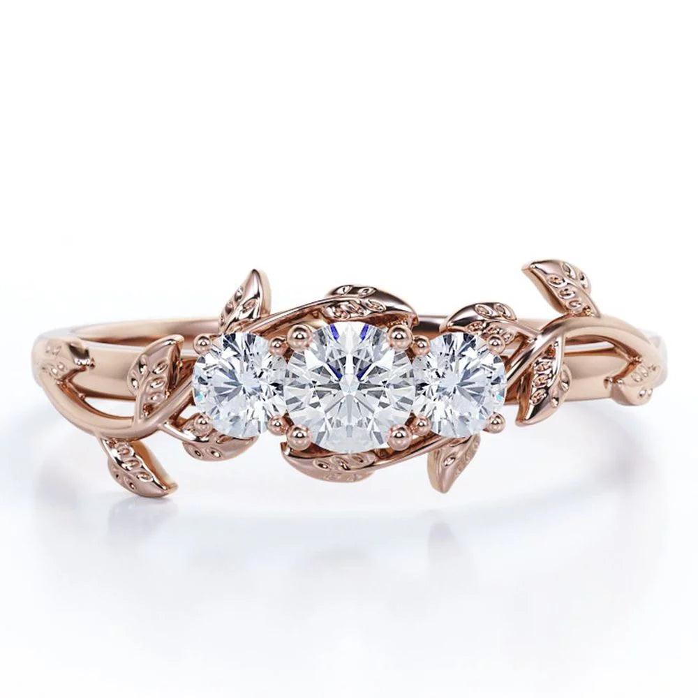 Trio Stone - 0.5 Carat round Shaped Diamond - Botanical Design Engagement Ring - 10K Rose Gold