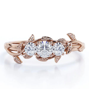 Trio Stone - 0.5 Carat round Shaped Diamond - Botanical Design Engagement Ring - 10K Rose Gold