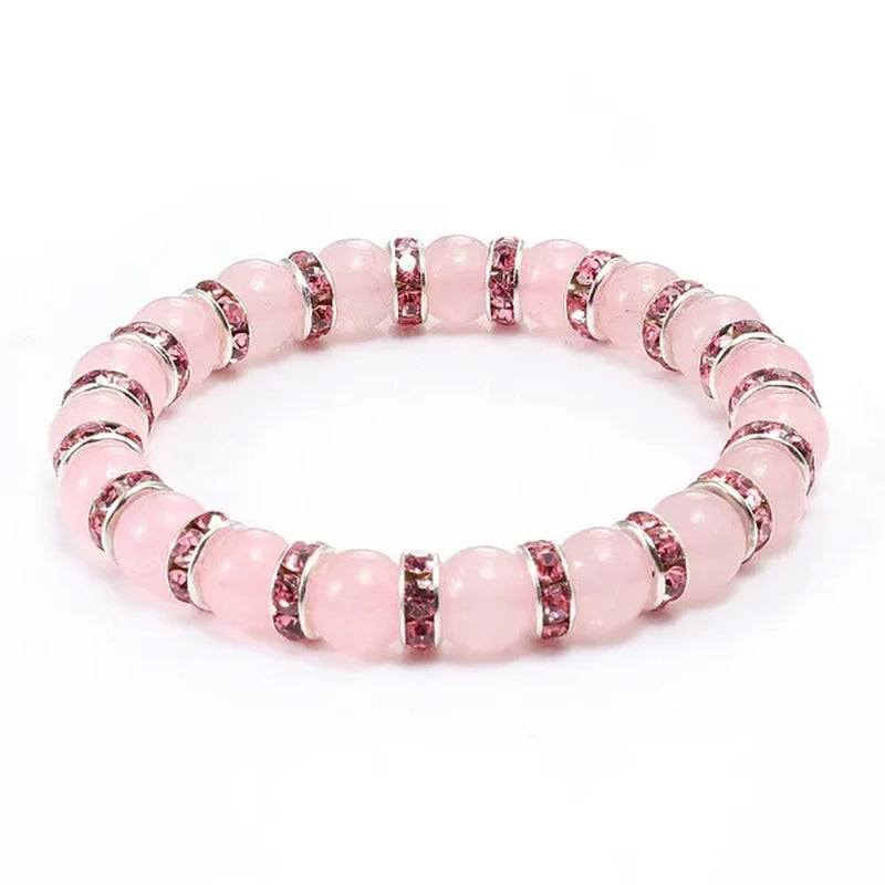 Natural Stone Pink Crystal Quartz &White Porcelain Rhinestones Bracelets & Bangles Charm Powder Beads Strand Bracelet Love Gifts for Women Men Casual Jewelry