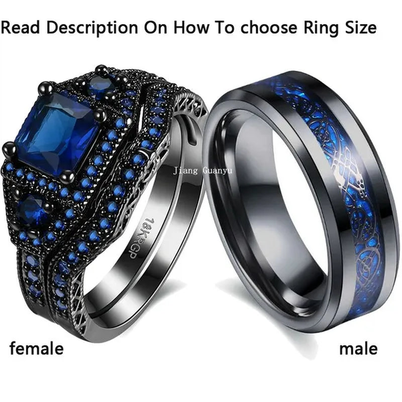 TWO Rings Black Couple Rings 316L Sainless Steel Men'S Rings Princess Cut 5Mm Sapphire Women'S Wedding Ring Sets