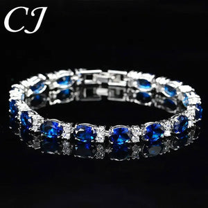 CANDICE Top Grade Blue Oval Women Silver Plated Jewelry Pave White Cubic Zirconia Noble Tennis Bracelet Bangles with Extended Clasp