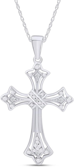 round Shape White Natural Diamond Accents Cross Pendant Necklace in 14K Gold over Sterling Silver