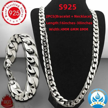 Wholesale High Quality 925 Sterling Silver Fashion Jewelry Set 925 Silver Curb Link Chain Bracelet & Necklace16-30 Inches for Women and Men