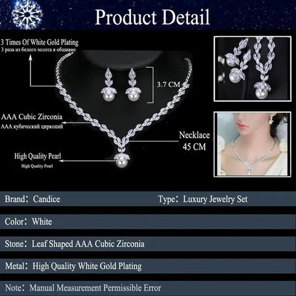 CANDICE Elegant Bridal Accessories AAA Cubic Zirconia with round White Pearl Pendant Necklace Earrings Wedding Jewelry Sets for Women