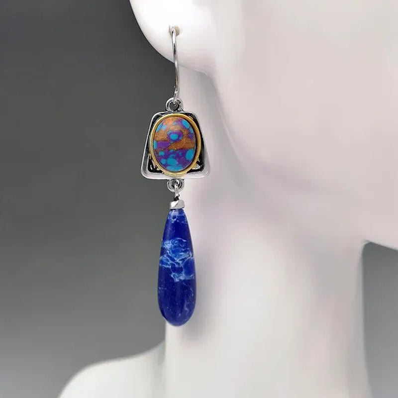 Exquisite Retro Bohemian Earrings Silver Plated Blue Stone Dangle Hook Earrings Bridal Wedding and Engagement Anniversary Gift Jewelry Earrings for Women - WORLD TIME VISITS
