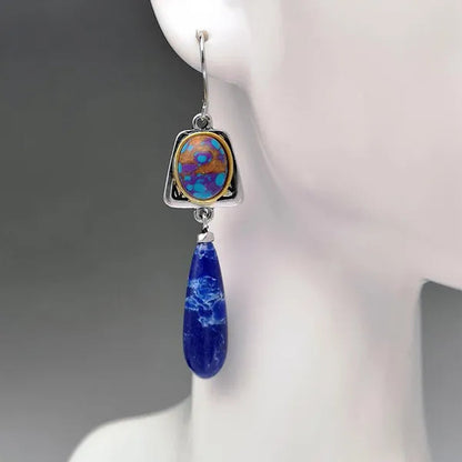 Exquisite Retro Bohemian Earrings Silver Plated Blue Stone Dangle Hook Earrings Bridal Wedding and Engagement Anniversary Gift Jewelry Earrings for Women - WORLD TIME VISITS