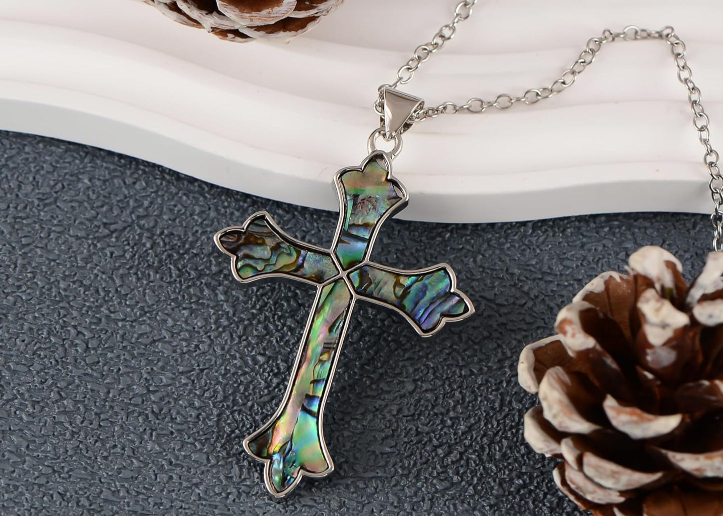 Vintage Inspired Silvery Tone Abalone Shell Religious Cross Pendant Necklace