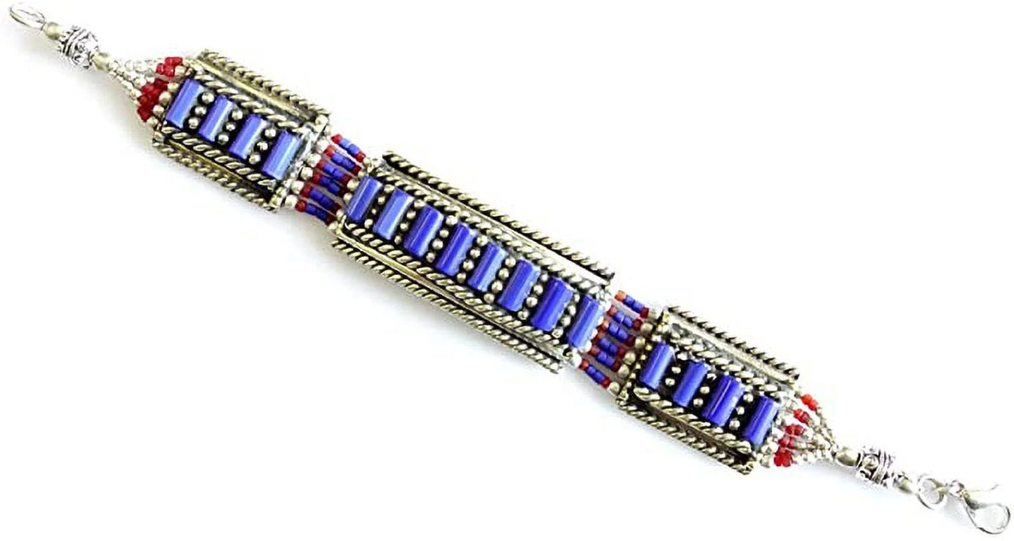 Lapis Lazuli & Coral Gemstone Handmade Tibetan Bracelet for Women & Men Oxidized 925 Silver Plated Unique Designer Boho Ethnic Gypsy Boho Bracelet Jewellery by Artisan