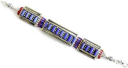 Lapis Lazuli & Coral Gemstone Handmade Tibetan Bracelet for Women & Men Oxidized 925 Silver Plated Unique Designer Boho Ethnic Gypsy Boho Bracelet Jewellery by Artisan
