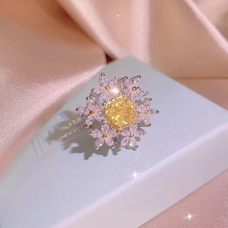 Womens Ladies Citrine Gemstone Bling Crystal Flower Design Crown Ring Adjustable Open Ring Wedding Party Ring Jewelry