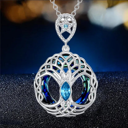 European and American Fashion Women Celtic Life Tree Crystal Pendant Necklace 925 Sterling Silver Star Round Sapphire Necklace Anniversary Party Birthday Gifts for Daughte