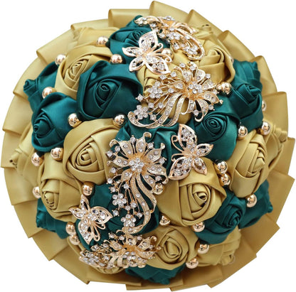 Golden Rhinestone Brooch Wedding Flowers Bridal Bouquets Crystal Bride Holding Bouquet White Ivory Satin Roses with Diamond
