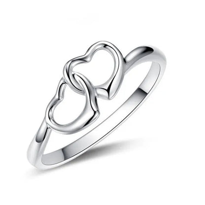 Cute Simple Double Heart Shaped Ring Elegant 925 Sterling Silver Rings Gifts for Women Girl