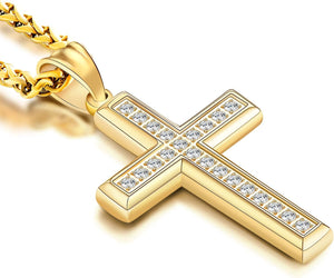 Stainless Steel CZ Cross Necklace Men Women - 18K Gold Plated 5A+ Cubic Zirconia Crucifix Pendant - Christian Religious 3Mm Rolo Chain Jewelry Present