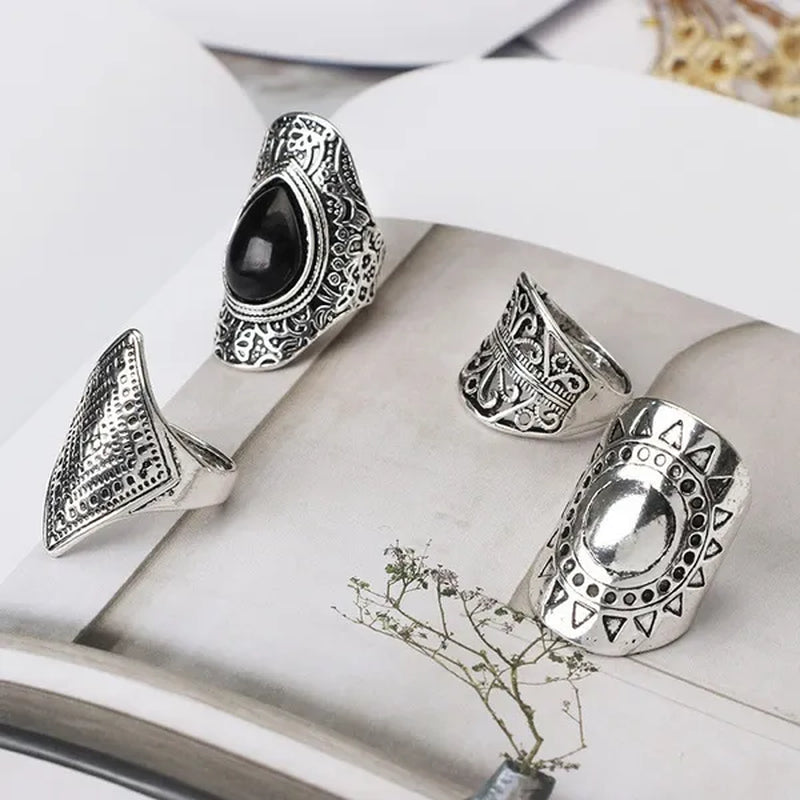 4Pcs/Set Vintage Silver Gypsy Boho Ethnic Ring Hollow Carved Gem Diamond Women  Rings - WORLD TIME VISITS