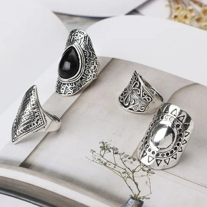 4Pcs/Set Vintage Silver Gypsy Boho Ethnic Ring Hollow Carved Gem Diamond Women  Rings - WORLD TIME VISITS