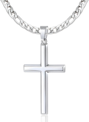 S925 Sterling Silver Beveled Edge Cross Necklace for Men Women with 5Mm Figaro Link Chain, Gold Plated/Sterling Silver Fashionable Men'S Crucifix Pendant Chain Necklaces 16-30 Inches