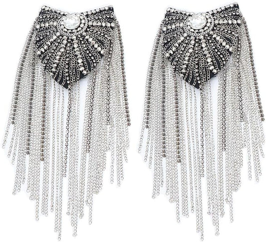 Rhinestone Tassel Shoulder Epaulet Long Chain Fringe Blazer Shoulder Badge Stage Performance Uniform Epaulette Brooch Pin for Men and Women