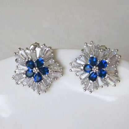 Charming Blue Sapphire Diamond Flower Stud Earrings for Women Enengagement Party Romantic Jewelry Lover Gifts