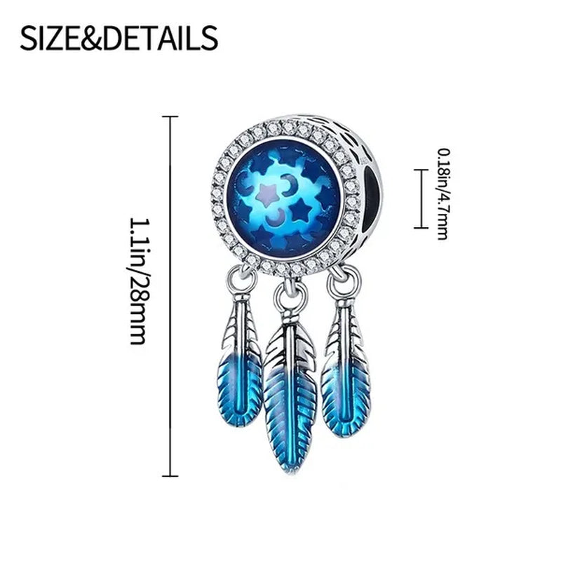 Original 925 Sterling Silver Blue Zircon Dream Catcher Stars Pattern Pendant Charm Fit Woman Bracelet Diy Fashion Jewelry