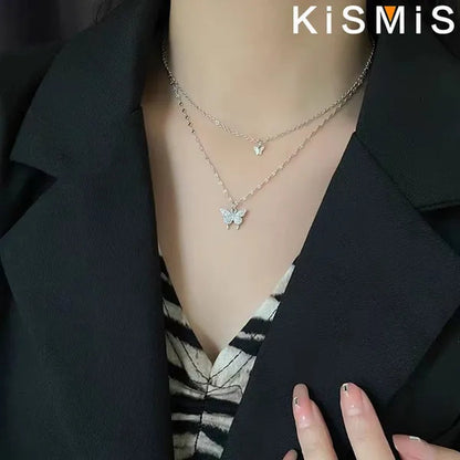 KISMIS 1 Pc/2 Pcs Exquisite and Creative Women's Diamond Necklace Butterfly Double Layer Necklace Shiny Diamond Ladies Clavicle Chain Elegant Charm Wedding Pendant Jewelry