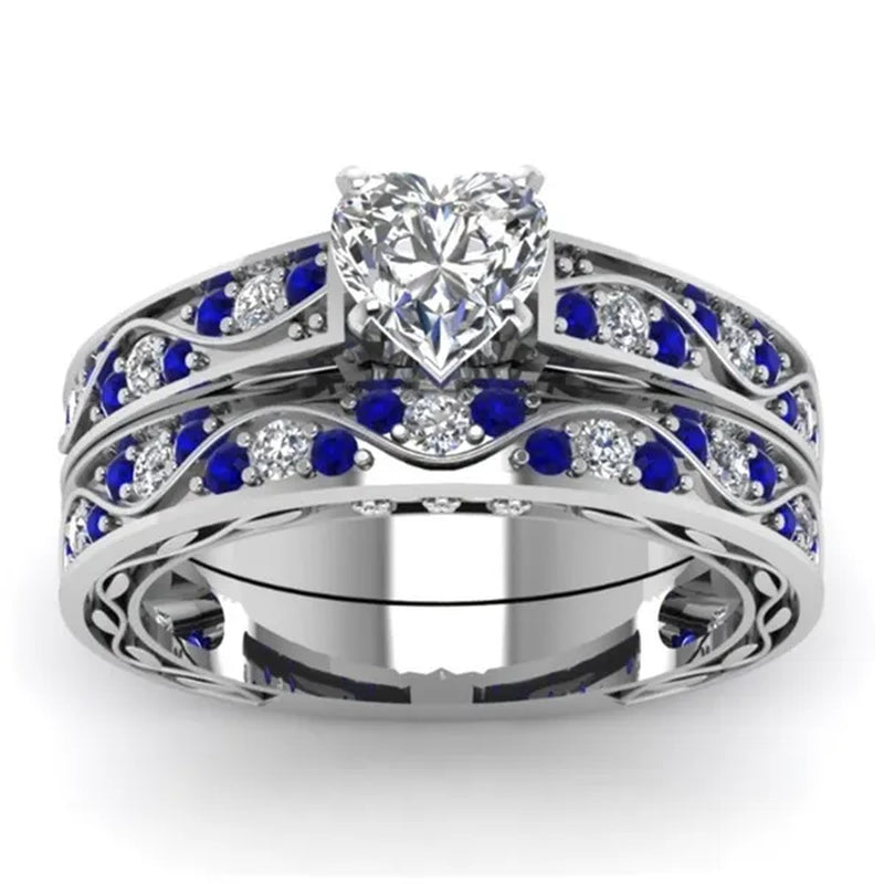 Exquisite Heart White Sapphire Wedding Ring Ruby Bridal Engagement Ring Set Wedding Band Anniversary Promise Jewelry Gift