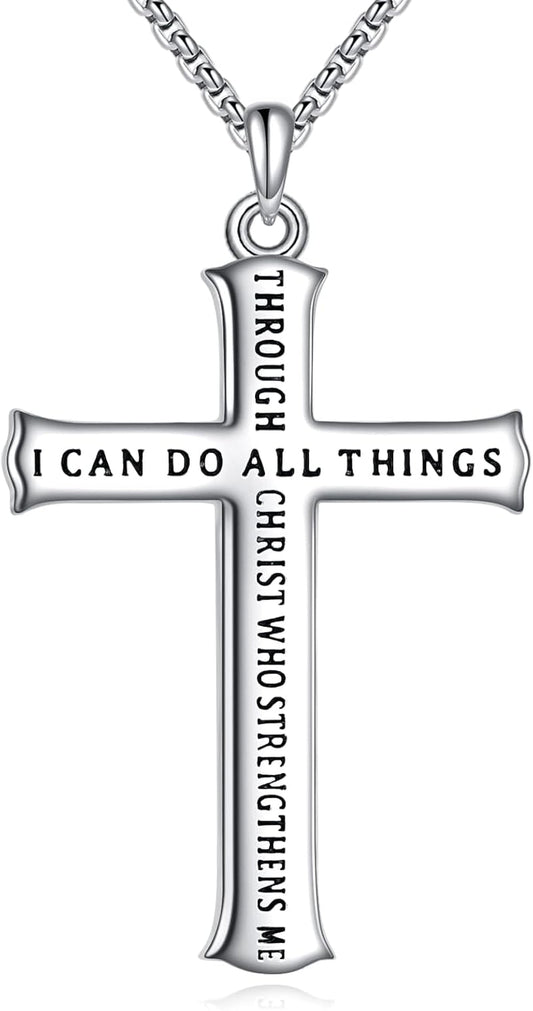 Men'S Cross Necklace Sterling Silver Catholic Faith Cross Pendant Necklace Christian Jewelry Gifts for Men