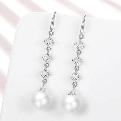 High Quality Temperament White Pearl Eardrop Earrings 925 Sterling Silver Long Earhook White Zircon Ear Jewelry